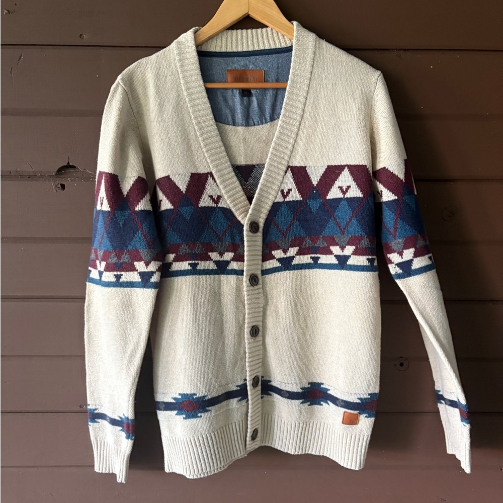Beige Cardigan with Navy and Burgundy Patterns Sz XL